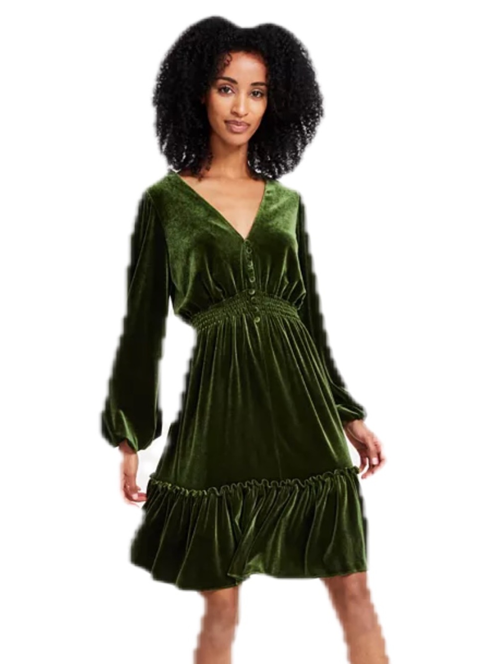 TAYLOR V-NECK SMOCKED WAIST LONG-SLEEVE VELVET DRESS